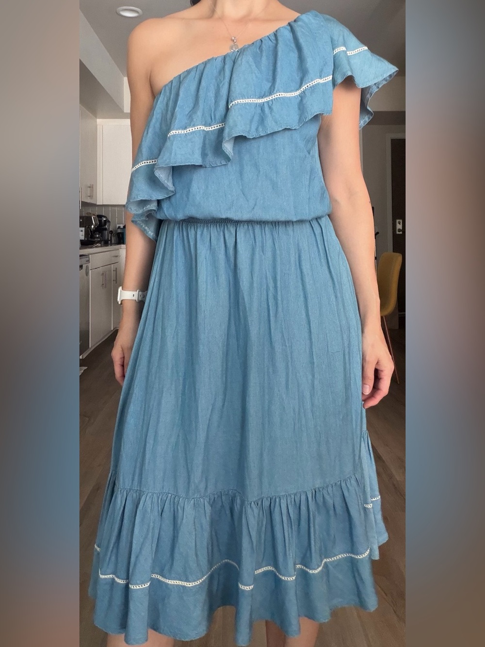 INC International Concepts Light Blue One-Shoulder Ruffle Dress